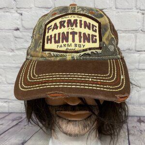 Farm Boy Distressed Camo Hat Cap Strap Back Brown When I'm Not Hunting - Stains